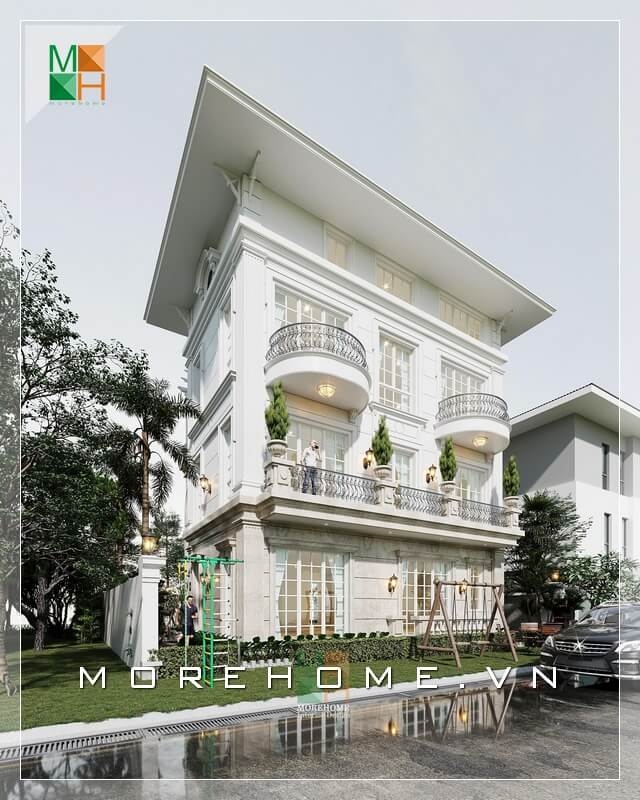 Mẫu thiết kế biệt thự, nhà phố màu trắng tân cổ điển đẹp nổi bật trên không gian sân vườn xanh đầy cuốn hút.