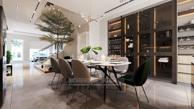 Bộ bàn ghế ăn hiện đại đẹp với 6 chiếc ghế ăn bọc vải màu ghi xám, 2 chiếc ghế ăn bọc vải màu xanh coban ấn tượng - kiểu dáng tinh tế lai nhẹ nhàng, chiếc bàn ăn chân gỗ tự nhiên mặt bàn đá nhân tạo vân mây cao cấp. Kết nối khu vực phòng bếp với phòng ăn thêm hài hòa và khoa học. Mẫu bàn ăn đẹp MoreHome