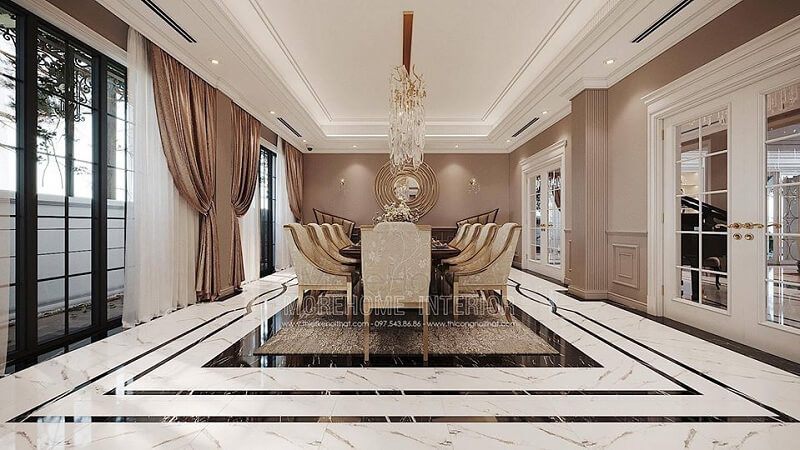 Mẫu bàn ăn tân cổ điển cao cấp với tông màu vàng kim sang trọng đươc sản xuất tại MoreHome Mẫu bàn ăn đẹp MoreHome